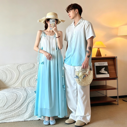 💕カップルコーデ【ワンピース】 海辺風 2026夏 キャミワンピース レディース フレンチ ノースリーブワンピース＆シャツ INS風 ペアルック【SHシリーズ】