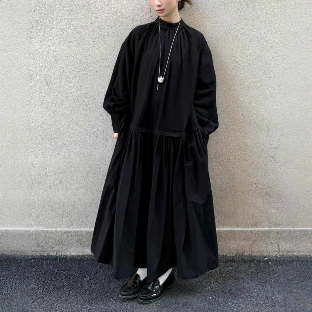 【ワンピース】春 秋 冬 リバーシブル プリーツ切り替え 大振裾 長袖 ワンピース 【JZシリーズ】【30~35日発送】