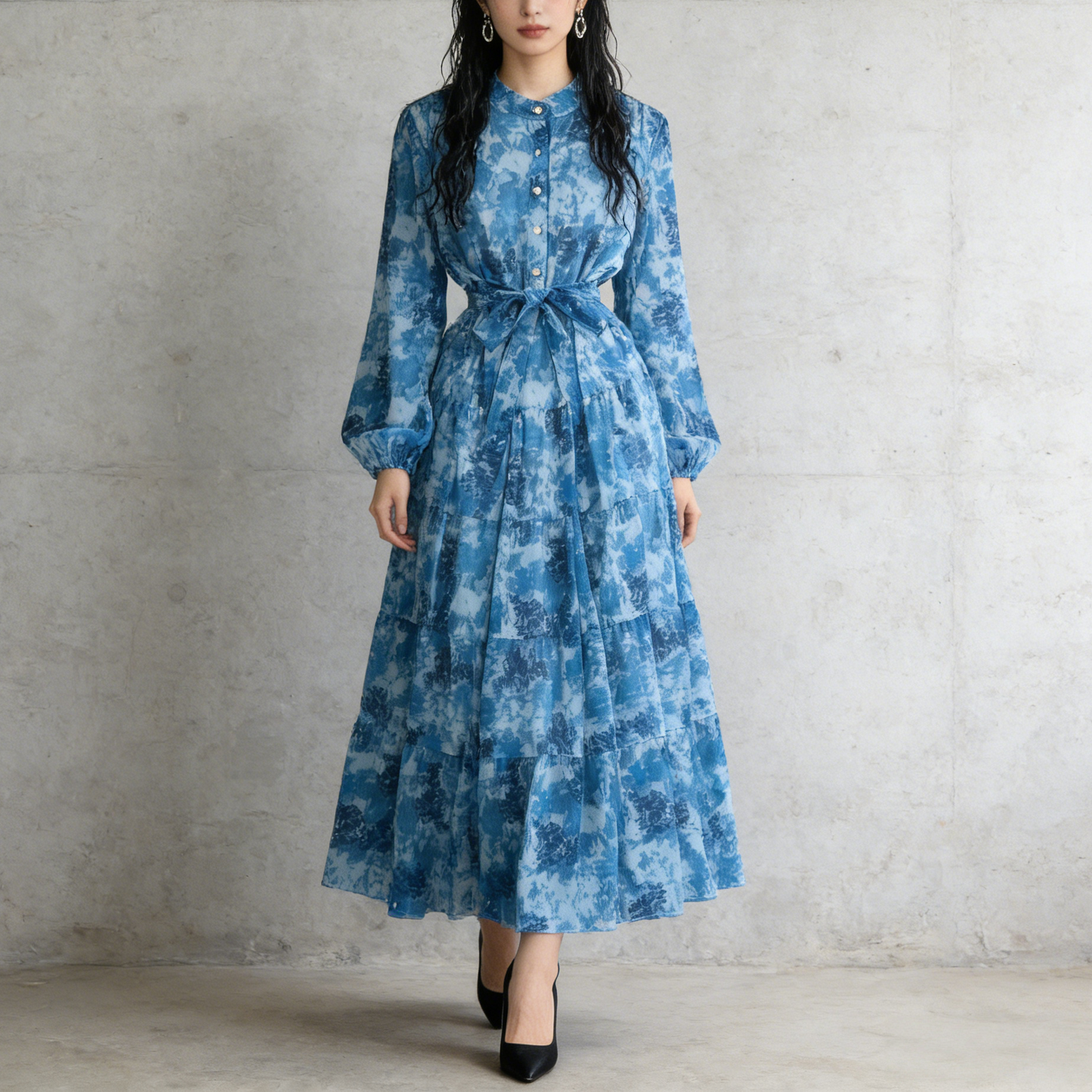 【ワンピース】シフォン フェミニン ウエスト切り替え 長袖 ワンピース【SHシリーズ】