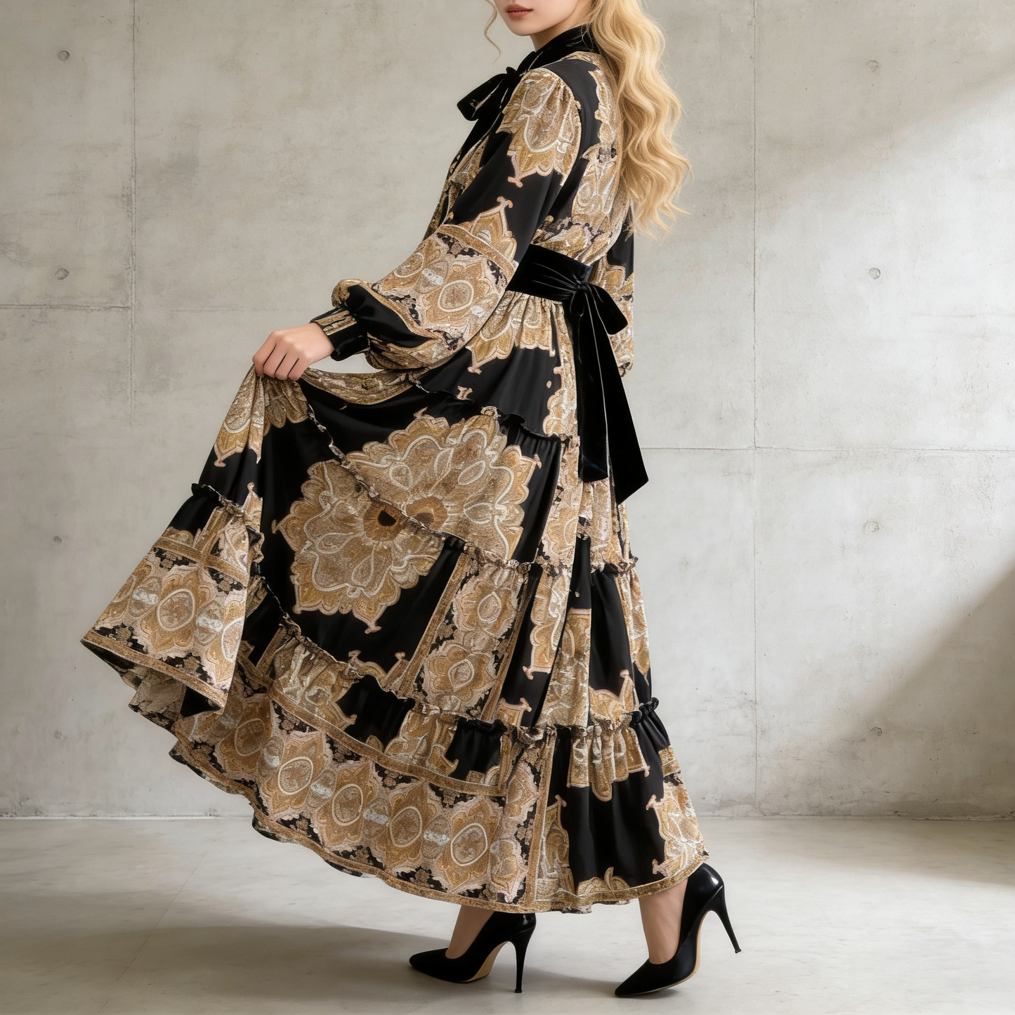 【ワンピース】シングルボタン プリント レディライク フレア 長袖 ワンピース 【SHシリーズ】