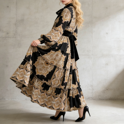 【ワンピース】シングルボタン プリント レディライク フレア 長袖 ワンピース 【SHシリーズ】