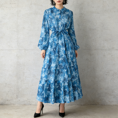 【ワンピース】シフォン フェミニン ウエスト切り替え 長袖 ワンピース【SHシリーズ】