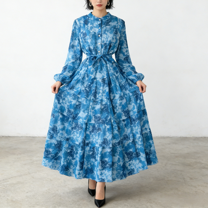 【ワンピース】シフォン フェミニン ウエスト切り替え 長袖 ワンピース【SHシリーズ】