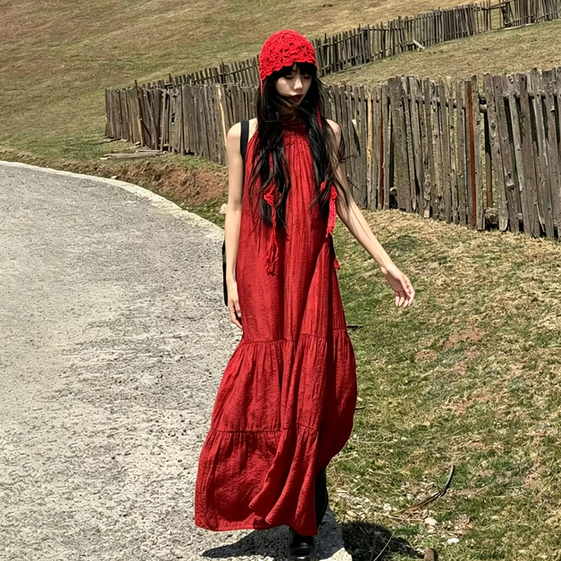 酒紅色掛脖無袖度假連身裙｜海邊旅行長裙【JZ系列】