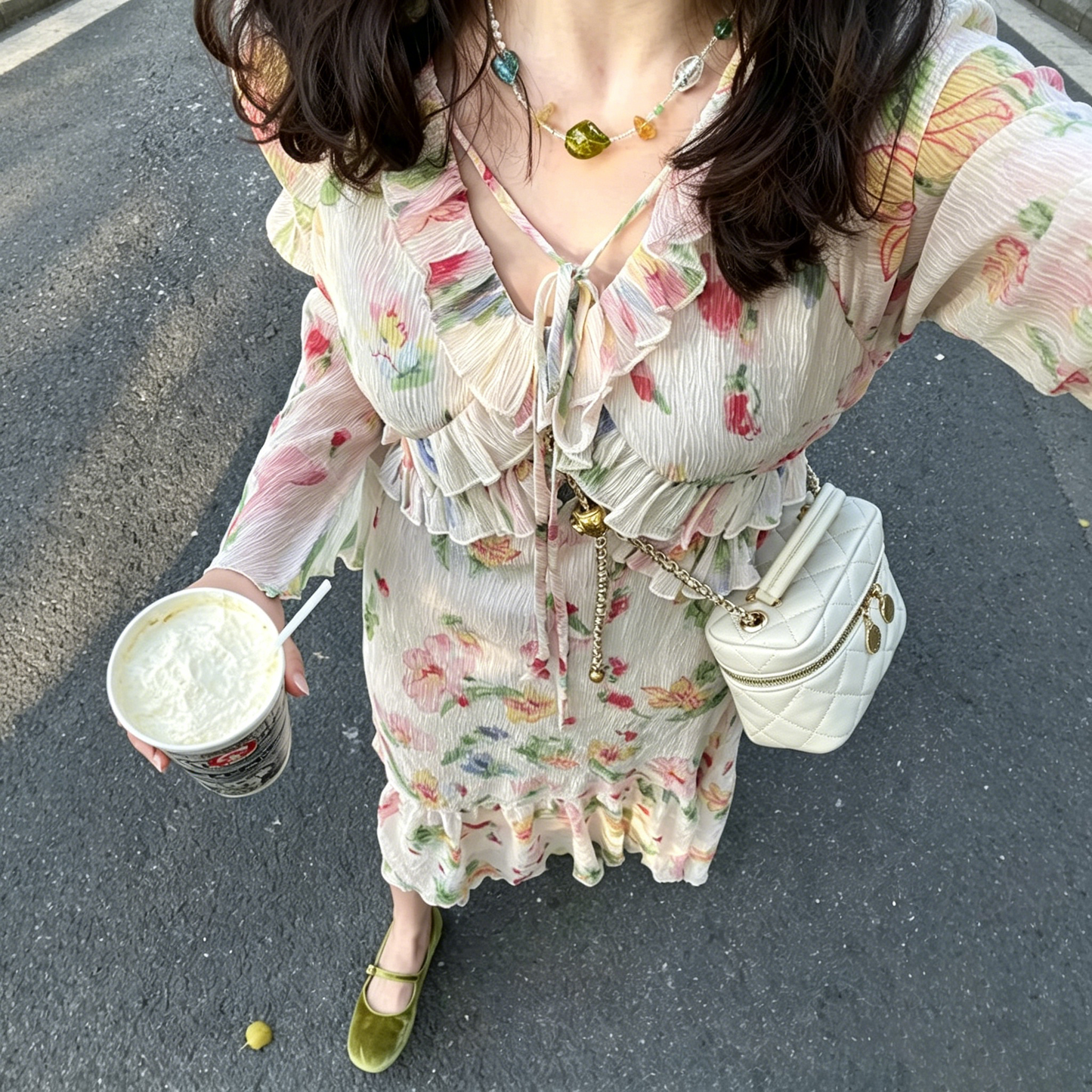 【ワンピース】フレンチ フリル リボン 花柄 春 きれいめ ウエストマーク 着痩せ 長袖ワンピース【SHシリーズ】