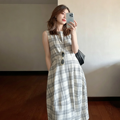 【ワンピース】レトロ チェック柄 ノースリーブ ワンピース レディース 春夏 ウエストマーク 上品 高級感 きれいめ ロングワンピース【JZシリーズ】