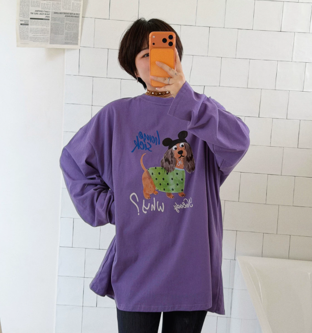 【トップス】レディース 犬プリントフード付き長袖Tシャツ ウォッシュ加工 韓国風 レトロ【FCシリーズ】