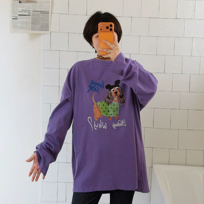 【トップス】レディース 犬プリントフード付き長袖Tシャツ ウォッシュ加工 韓国風 レトロ【FCシリーズ】
