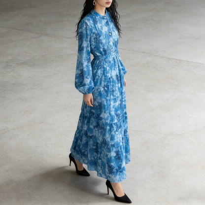 【ワンピース】シフォン フェミニン ウエスト切り替え 長袖 ワンピース【SHシリーズ】