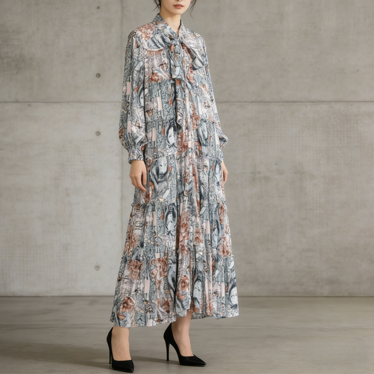 【ワンピース】プリントVネック お腹周りカバー フリル 長袖 ワンピース 【SHシリーズ】