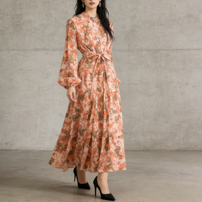 【ワンピース】シフォン フェミニン ウエスト切り替え 長袖 ワンピース【SHシリーズ】