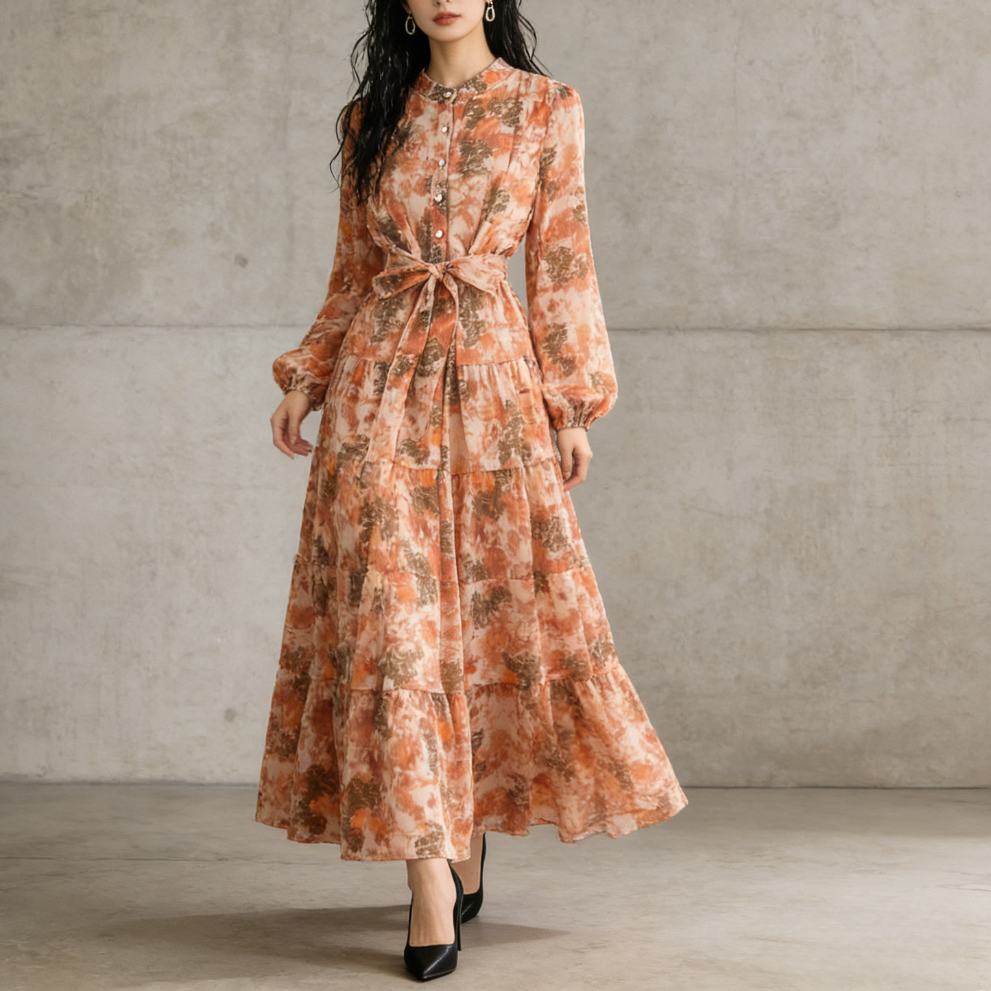 【ワンピース】シフォン フェミニン ウエスト切り替え 長袖 ワンピース【SHシリーズ】