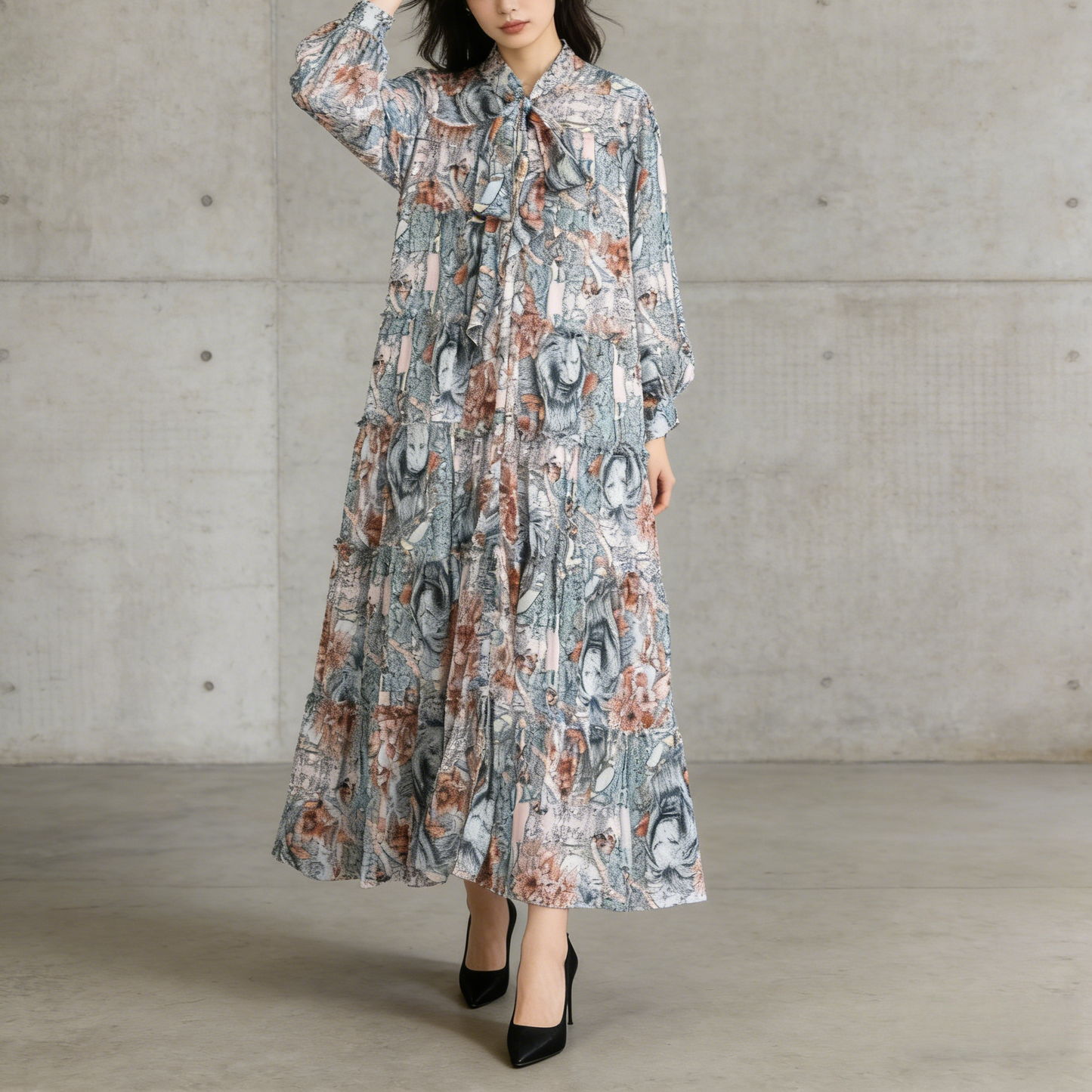 【ワンピース】プリントVネック お腹周りカバー フリル 長袖 ワンピース 【SHシリーズ】