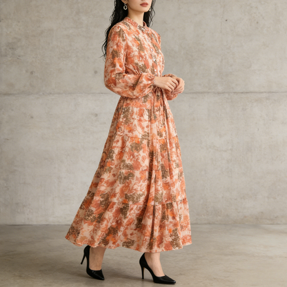 【ワンピース】シフォン フェミニン ウエスト切り替え 長袖 ワンピース【SHシリーズ】