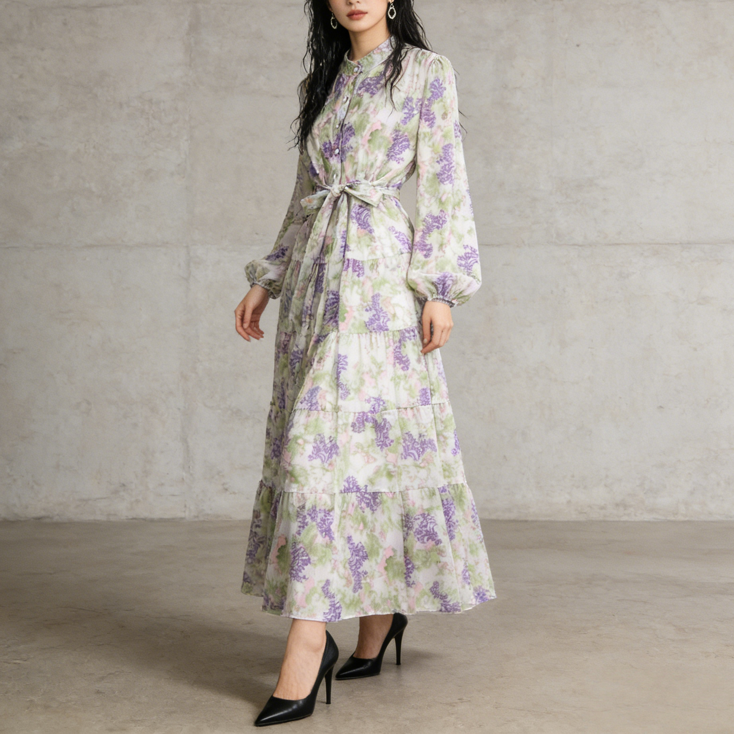 【ワンピース】シフォン フェミニン ウエスト切り替え 長袖 ワンピース【SHシリーズ】