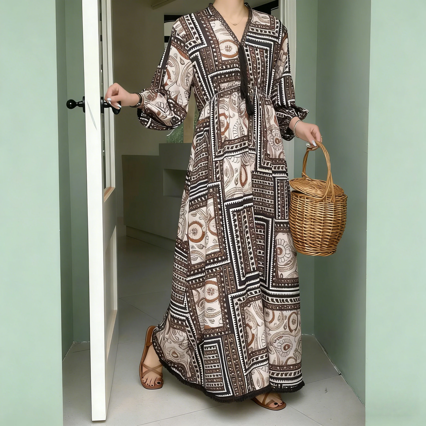 60%OFF⭐️期間限定【ワンピース】レディース カジュアルゆったり大きめサイズ 2026新作 リゾート風プリント長袖ワンピース【SHシリーズ】