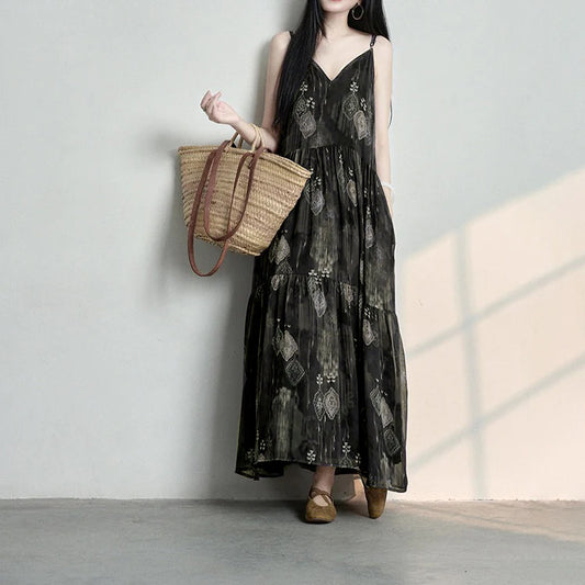 期間限定🌙60%OFF【ワンピース】フレンチ風 花柄キャミワンピース レディース 夏 Vネック ノースリーブ ロング丈 リゾート風 ナチュラル【SHシリーズ】