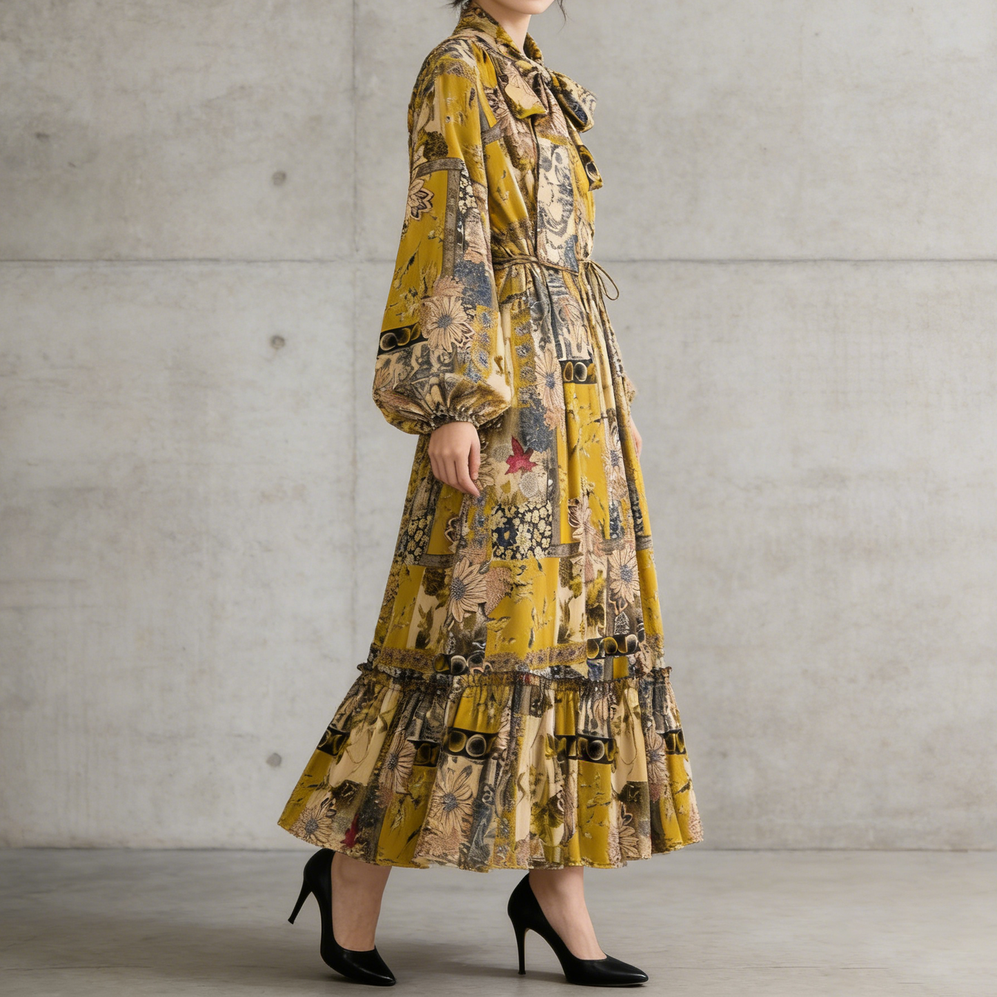 【ワンピース】レトロ風 長袖 リボン付き ウエストマーク Aライン 花柄プリント ランタンスリーブ ワンピース エレガント ロングワンピース レディース【SHシリーズ】