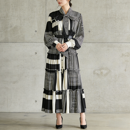 【ワンピース】シングルボタン プリント レディライク フレア 長袖 ワンピース 【SHシリーズ】