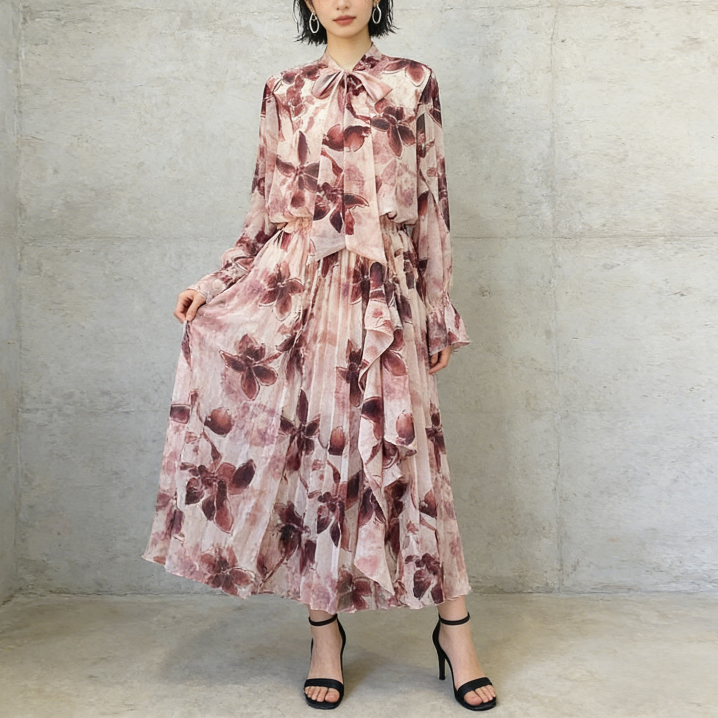 期間限定⭐️60%OFF【ワンピース】リボン付き シフォン ハイウエスト 小花柄 長袖 ワンピース 【SHシリーズ】