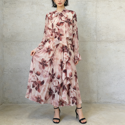 期間限定⭐️60%OFF【ワンピース】リボン付き シフォン ハイウエスト 小花柄 長袖 ワンピース 【SHシリーズ】