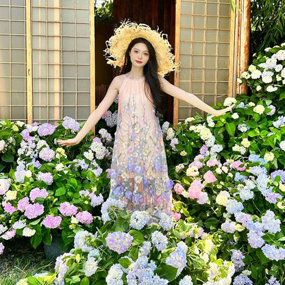 【ワンピース】花モチーフワンピース レディース ノースリーブ シアーデザイン 旅行 リゾートスタイル【SHシリーズ】