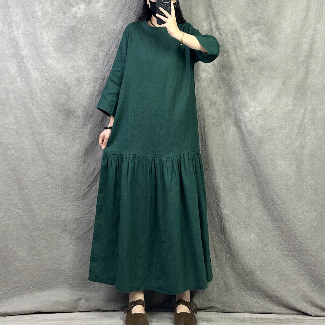 【ワンピース】コットンリネン 切り替え ゆったり 長袖  ワンピース 【JZシリーズ】