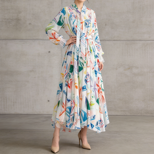 【ワンピース】フレンチエレガンス 気質 レディース シフォン 長袖ワンピース 蝶結びネック フレア 大人可愛い【SHシリーズ】