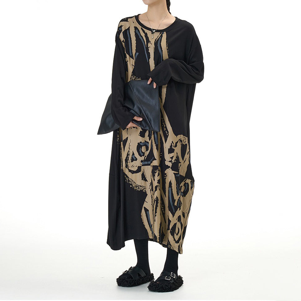 【ワンピース】ファッション 切替デザイン 長袖 プリントワンピース 春新作 大きいサイズ レディース ゆったり 体型カバー Aラインワンピース【SHシリーズ】