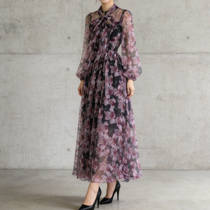 【ワンピース】花柄シリーズ シフォンワンピース 軽やか 薄手 ふんわりロング エレガント 大人可愛い 長袖 リゾートワンピ【SHシリーズ】