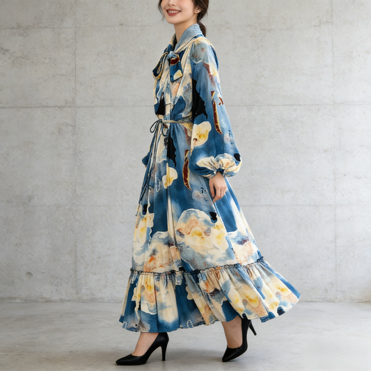 【60%OFF⭐️早い者勝ち】【ワンピース】リボン ウエストマーク Aライン フレア フリル プリント 長袖 ワンピース 【SHシリーズ】