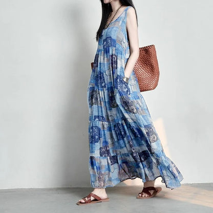 期間限定⭐️60%OFF【ワンピース】コットンリネン 抽象柄プリント ゆったりした ノースリーブワンピース 【SHシリーズ】