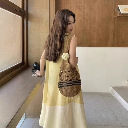 【ワンピース】切り替え ライトイエロー ノースリーブ タンクワンピース レディース 夏 ゆったり スタイルアップ ロング丈【JZシリーズ】