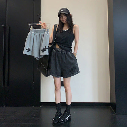 【ボトムス】アメリカンヴィンテージ ダメージ加工 ワッペン刺繍  ハーフパンツ ルーズ カジュアル ストリート【FCシリーズ】