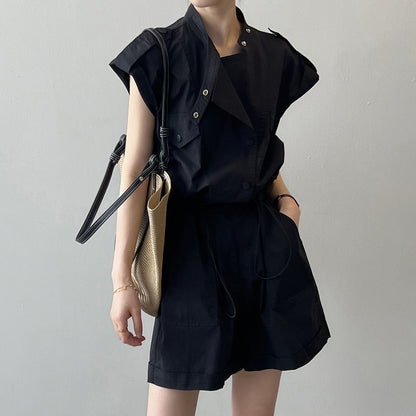 【ボトムス】ハイウエスト 夏 ワーク風 オールインワン  スタンドカラー フリルスリーブ シャツ風 ショート丈ジャンプスーツ【JZシリーズ】