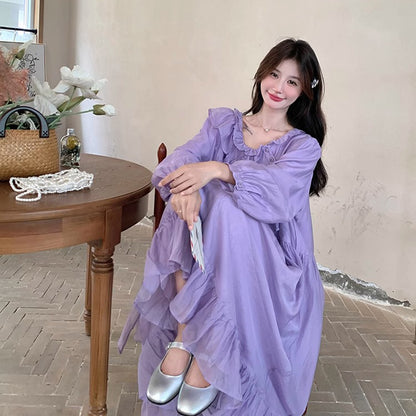 【ワンピース】フレンチ風パープルワンピース レディース 長袖 ロング丈 春夏秋 柔らかい雰囲気【JZシリーズ】