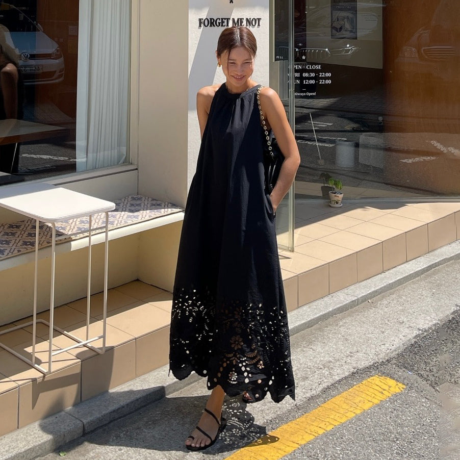 【ワンピース】透かし ノースリーブワンピース ゆったりシルエット レトロ ロングドレス【JZシリーズ】