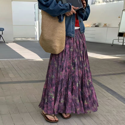 【ボトムス】リゾート風 花柄 スカート レディース 夏 ロングスカート ハイウエスト フレア プリーツ ゆったり【SHシリーズ】