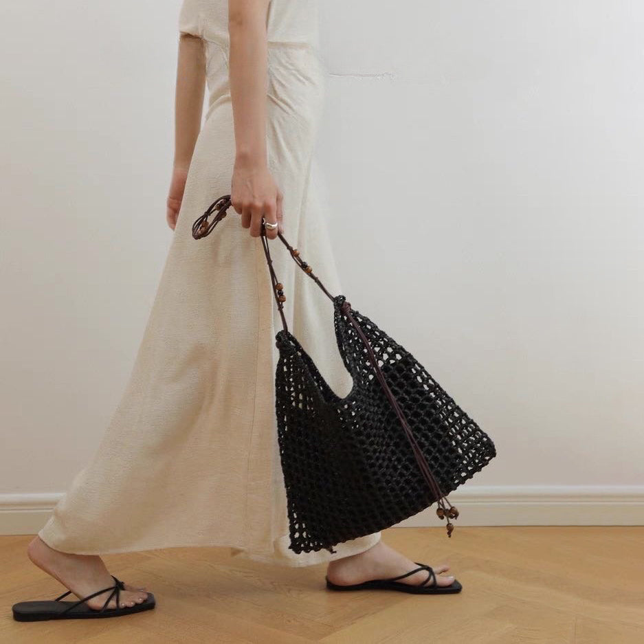 【バッグ】夏 ビーチ PP編みバッグ ビーズ装飾 ヴィンテージ 大容量 ショルダーバッグ