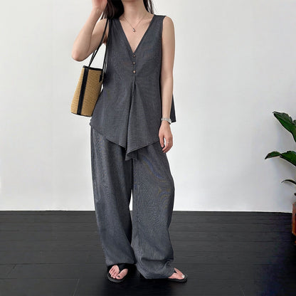 【セットアップ】テンセル×リネン ノースリーブ ストライプトップス + カジュアルロングパンツ 2点上下セット 【JZシリーズ】