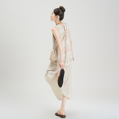 【ワンピース】リゾート風 夏新作 アシンメトリー ストライプタイダイ フェイクレイヤード ノースリーブワンピース【SHシリーズ】