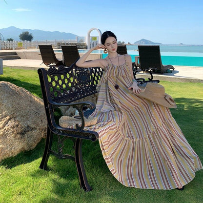 【ワンピース】リゾート ストライプ ノースリーブ キャミワンピース レディース 夏新作 海辺 バリ島 ビーチ ロング丈 フレンチ【SHシリーズ】
