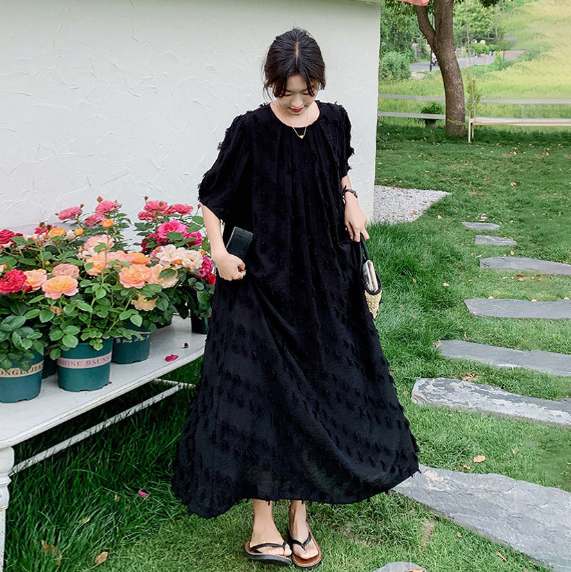 【ワンピース】切り替え 夏新作 ヘップバーン風 シンプルゆったり 半袖ワンピース