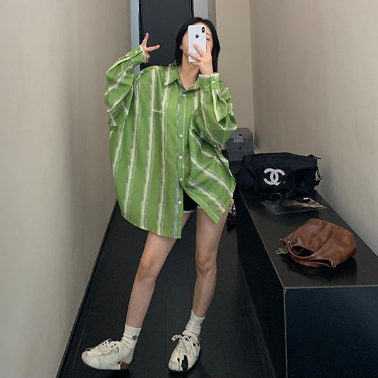 【トップス】上品リラックス感 縦ストライプ 長袖シャツ レディース【FCシリーズ】