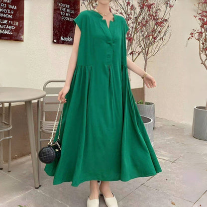 【ワンピース】夏 レトロアート風 ミディ丈 無地 ゆったり 大きいサイズ 半袖ワンピース