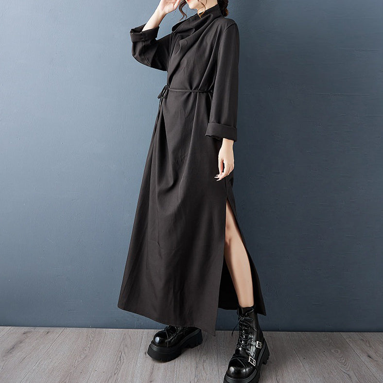 【ワンピース】モード系ドレープネックロングワンピース レディース 秋新作 ゆったり スリット入り 大人っぽい レトロ【JZシリーズ】