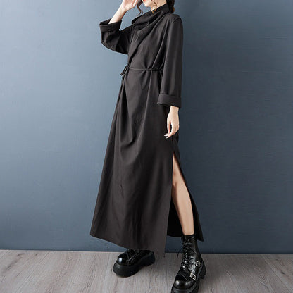 【ワンピース】モード系ドレープネックロングワンピース レディース 秋新作 ゆったり スリット入り 大人っぽい レトロ【JZシリーズ】