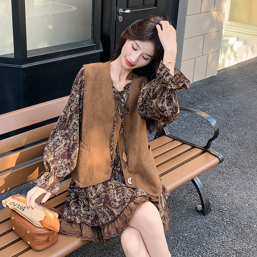 2点セット！【セットアップ】フレンチレトロ メラード 秋新作 おしゃれ  花柄 長袖ワンピース+ベスト セット【SHシリーズ】