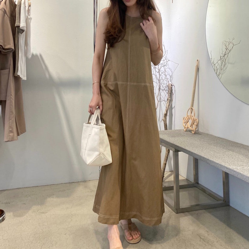 【ワンピース】レトロ感 リラックス風 ステッチデザイン×ゆったりシルエット ノースリーブワンピース