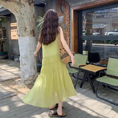 【ワンピース】気質スタイル 夏 海辺リゾート風 ギャザー入りシフォンロングドレス  ノースリーブワンピース